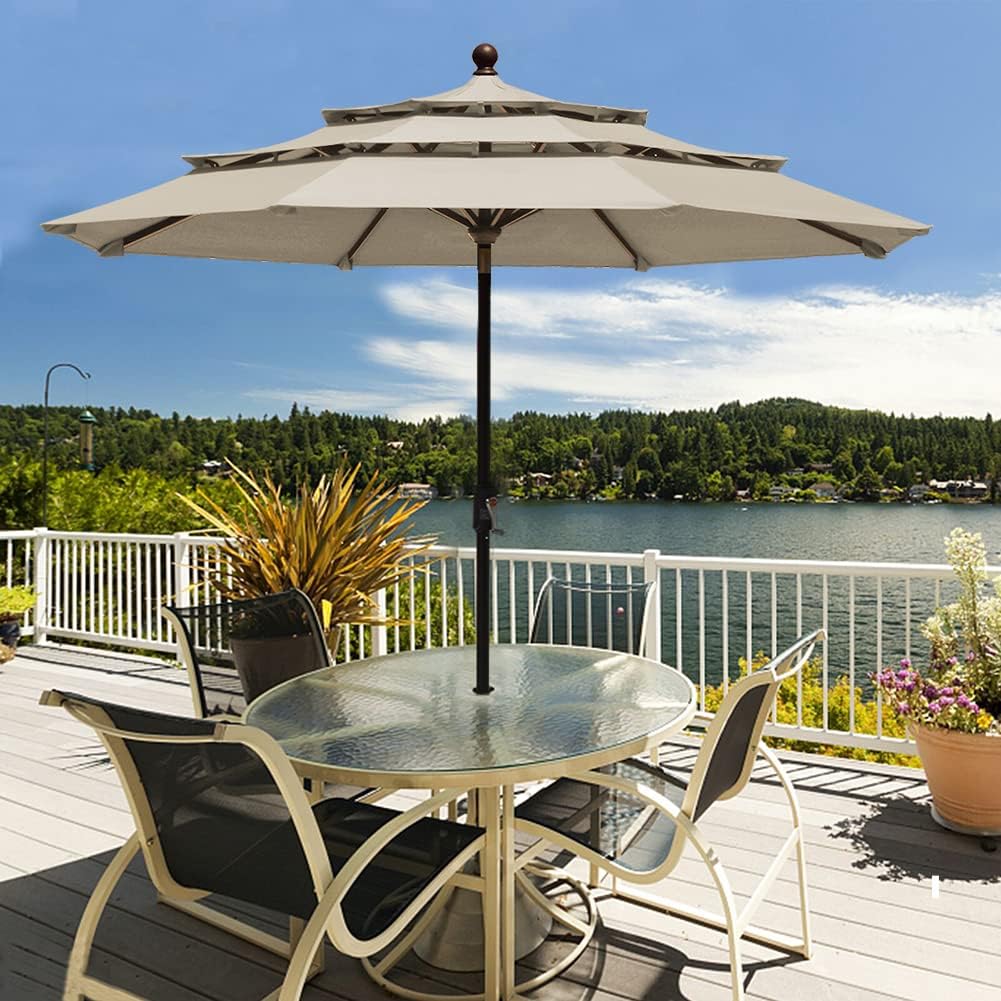 EliteShade Sunumbrella – Sombrilla de patio de 9 pies y 3 niveles, para mercado, exteriores, mesa, no se decolora, con ventilación, color beige
