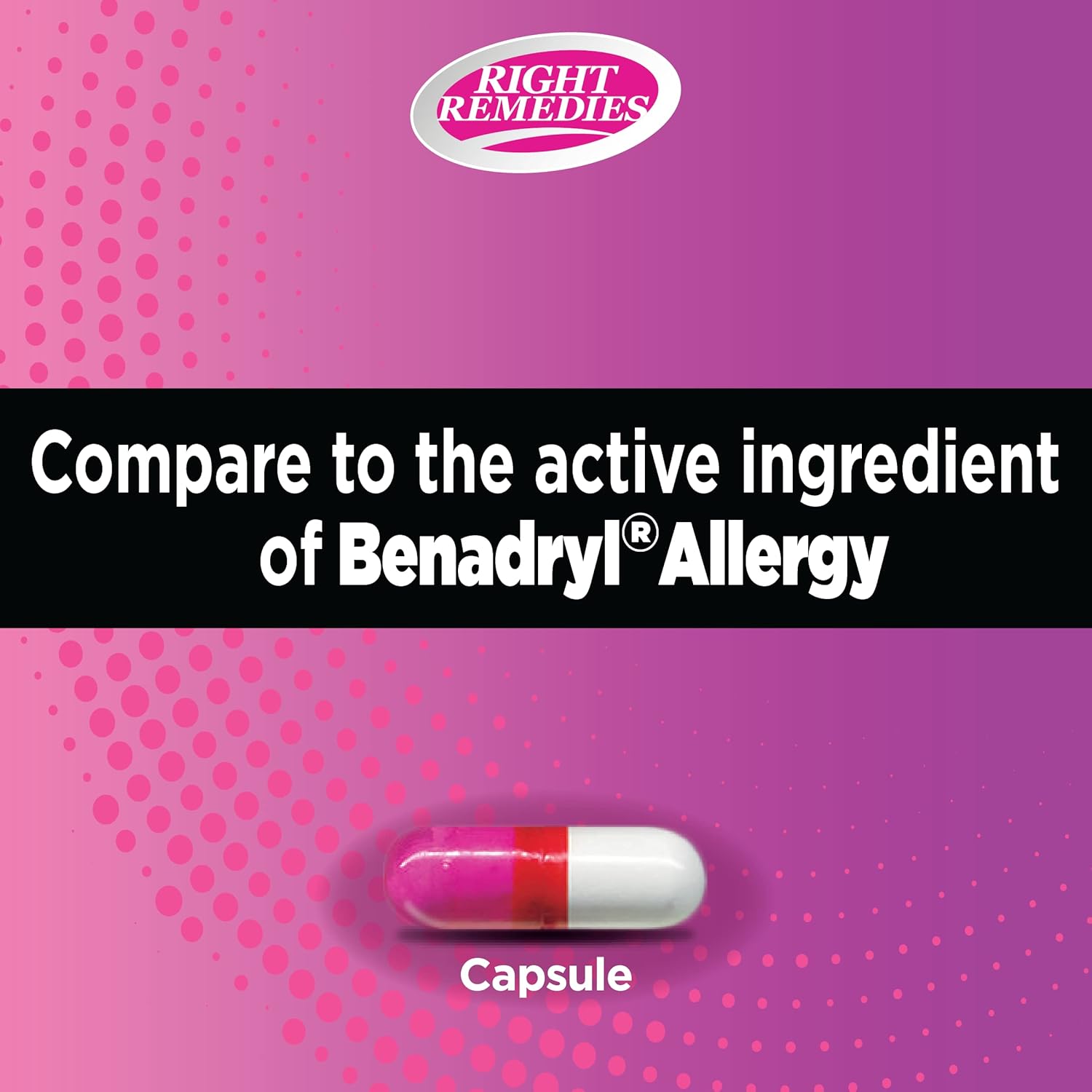 RIGHT REMEDIES Alivio de la alergia, antihistamínico, difenhidramina HCL 25 mg, cápsulas genéricas de benadryl, alivia las alergias estacionales en
