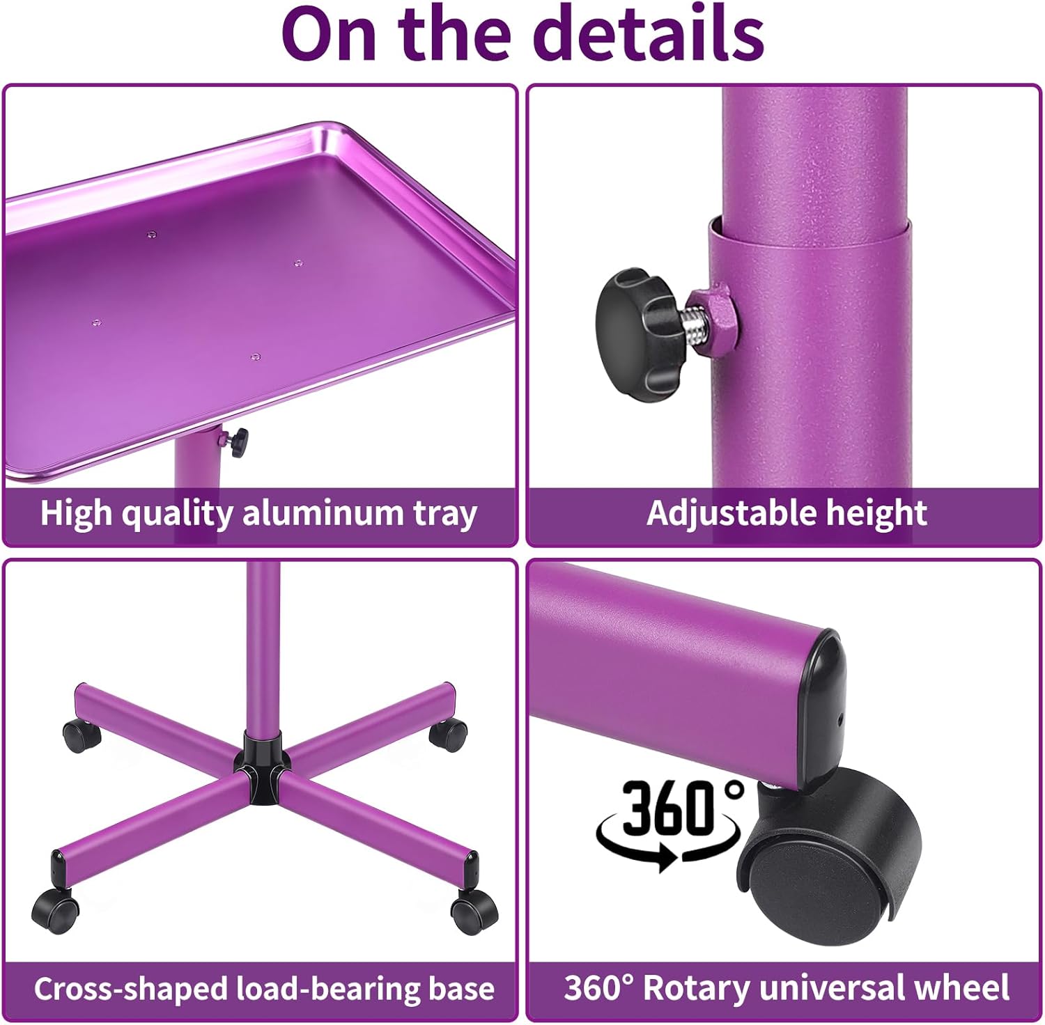 Wuissvnb Salon Tray, Salon Tray on Wheels, Premium Aluminum Salon Tray, Hair Stylist Tray, Tattoo Tray, Height Adjustable Salon Service Tray(Purple)