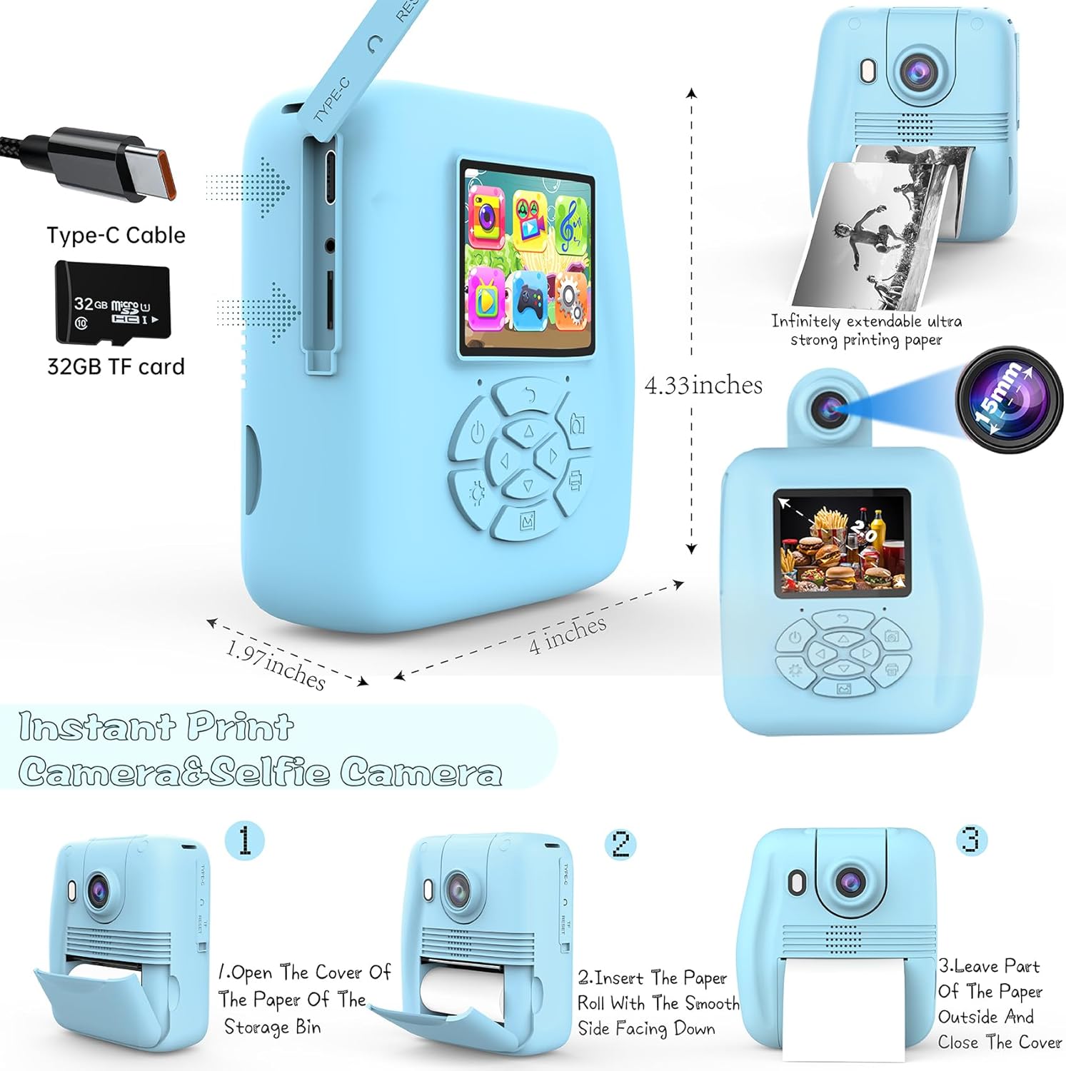 Cámara de impresión instantánea para niños, cámara de impresión instantánea para niños, cámara sin tinta, cámaras de video digitales para niños,