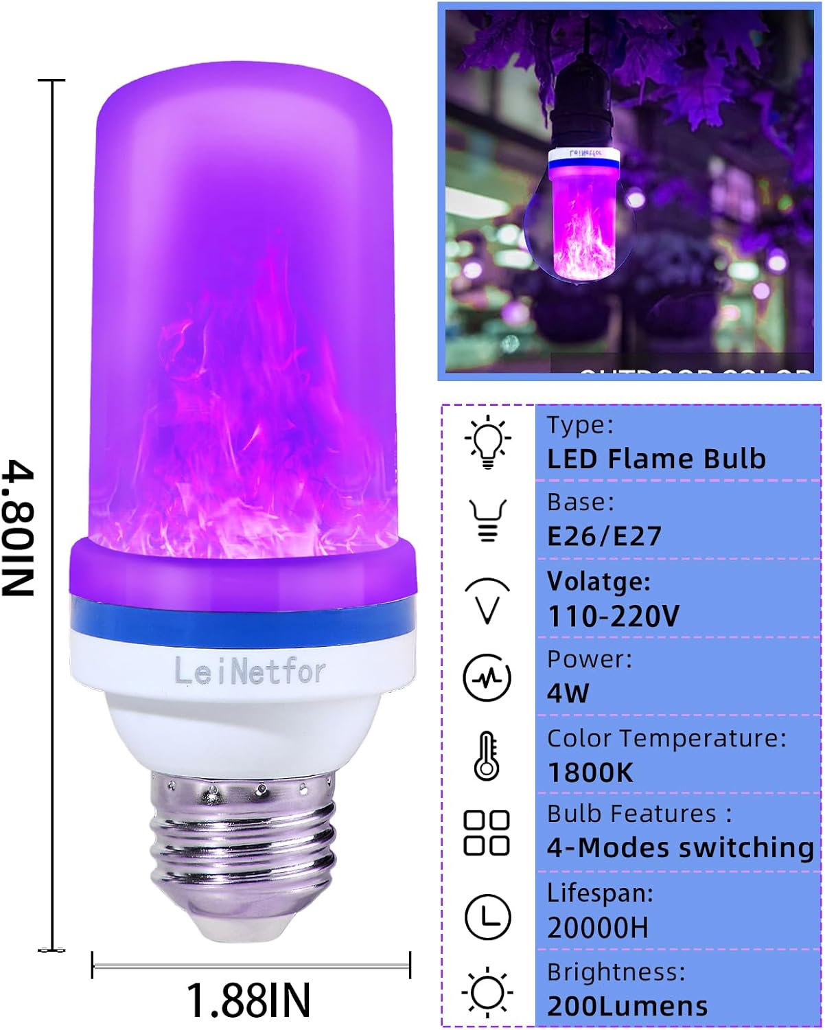 Bombillas LED de llama morada mejoradas, decoraciones de Halloween, bombillas para exteriores, base E26E27, bombillas parpadeantes moradas de