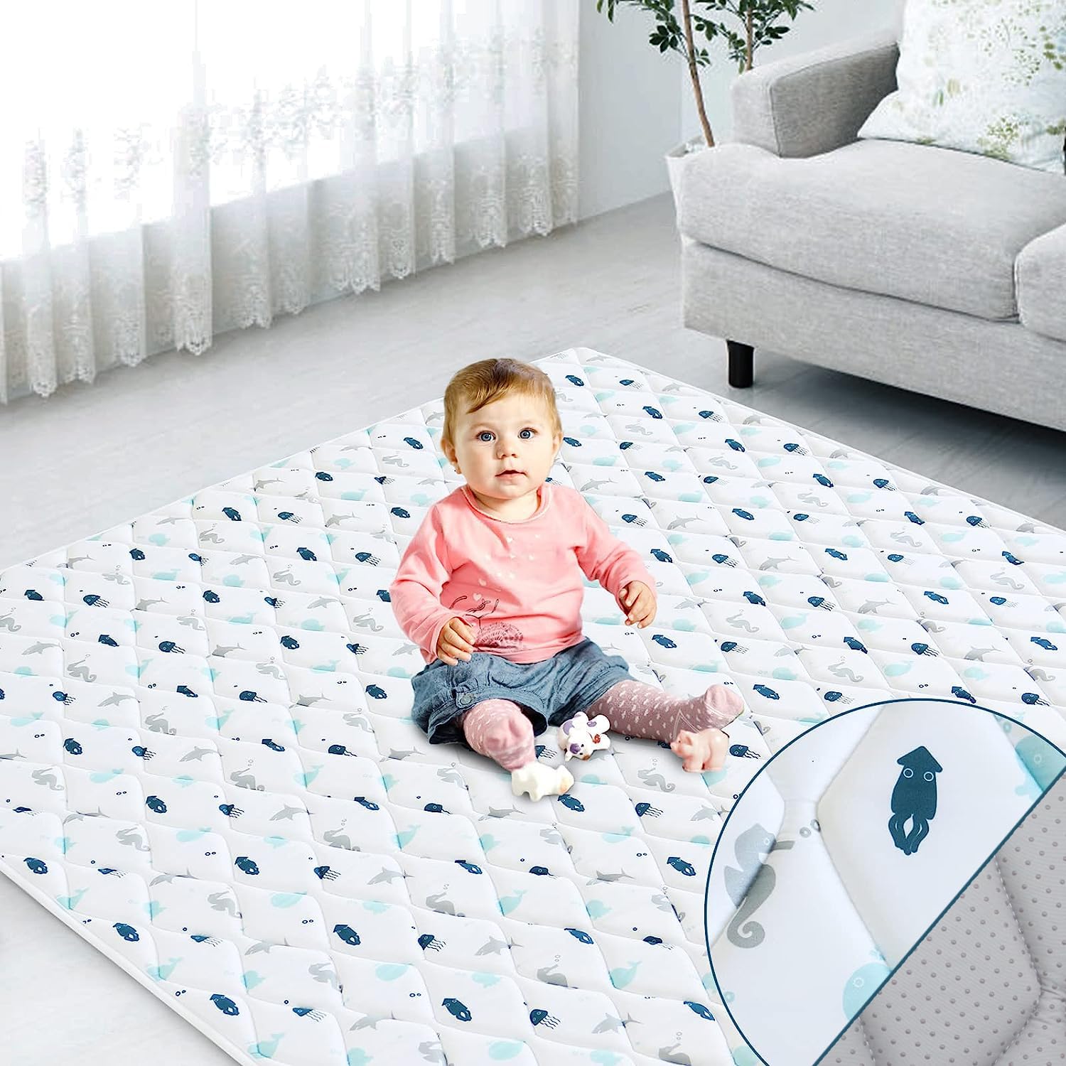 Tapete de juego de espuma prémium para bebés de 47 x 47 pulgadas, tapete de juego para bebés y niños pequeños, tapete grueso de una sola pieza,