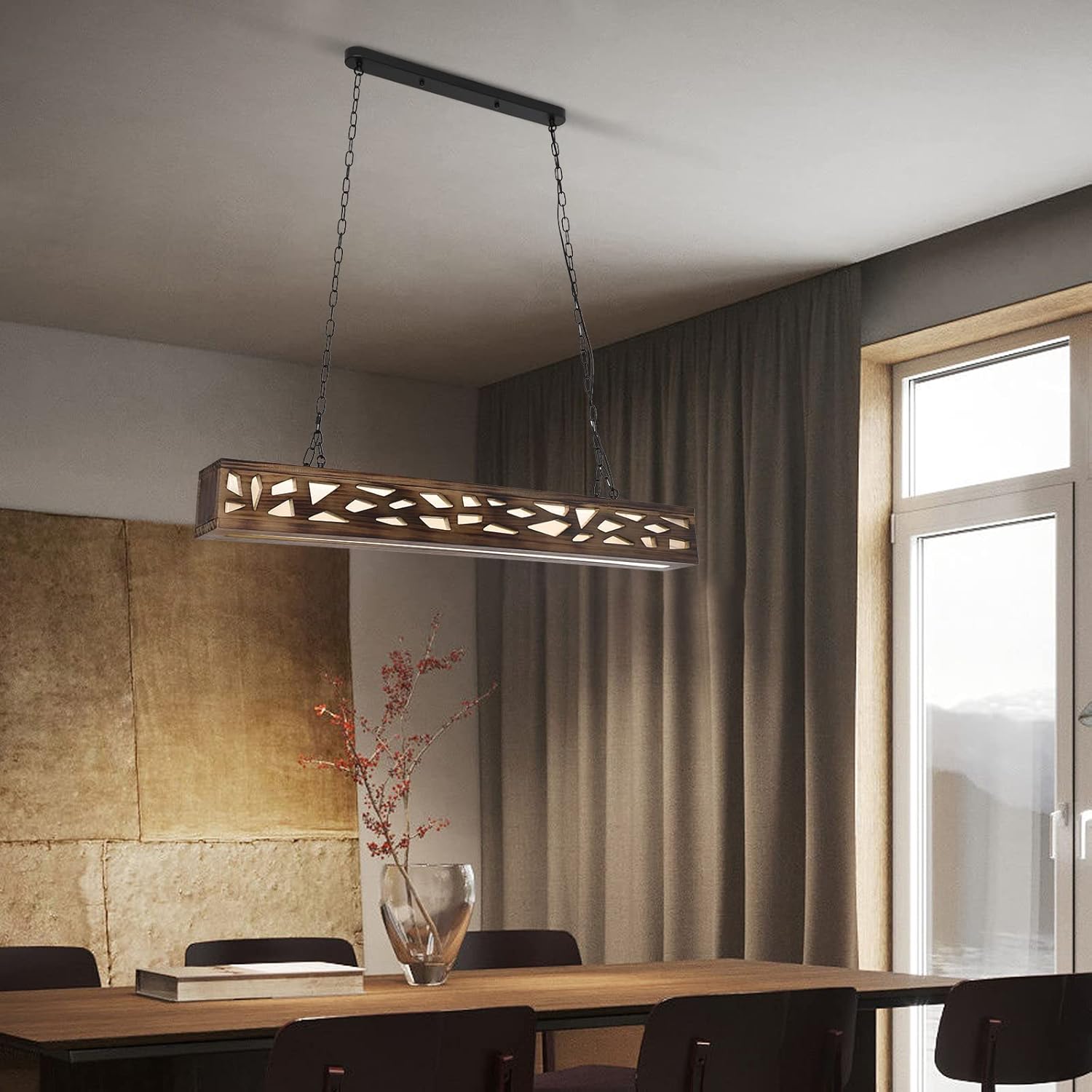 Lámpara de araña de isla de cocina, rectangular de madera, LED, regulable, para granja, industrial, colgante para cocina, pasillo, bar