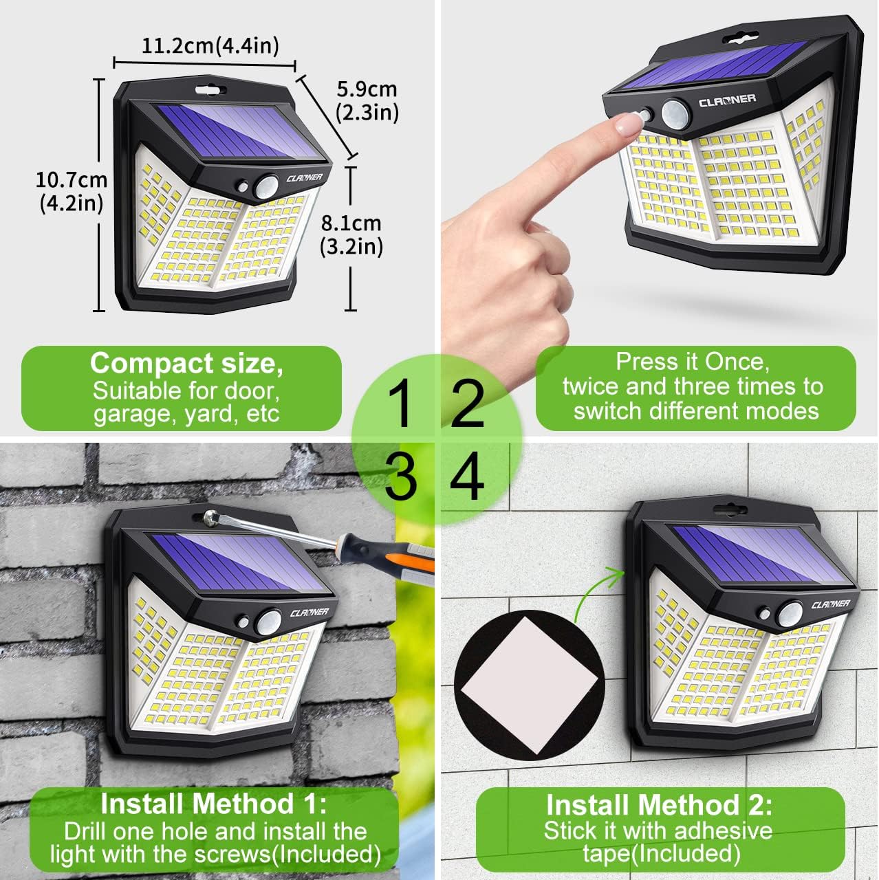 Claoner – Luces solares con sensor de movimiento 128 LED4 paquetes, luces para exterior con 3 modos de iluminación con 270 de angulo, para pared,