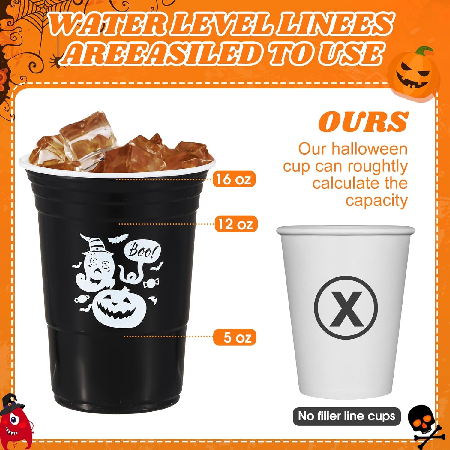 100 vasos de plástico de Halloween, 16 onzas, vasos desechables de Halloween, tazas de calabaza y bebidas frías para Halloween, suministros de