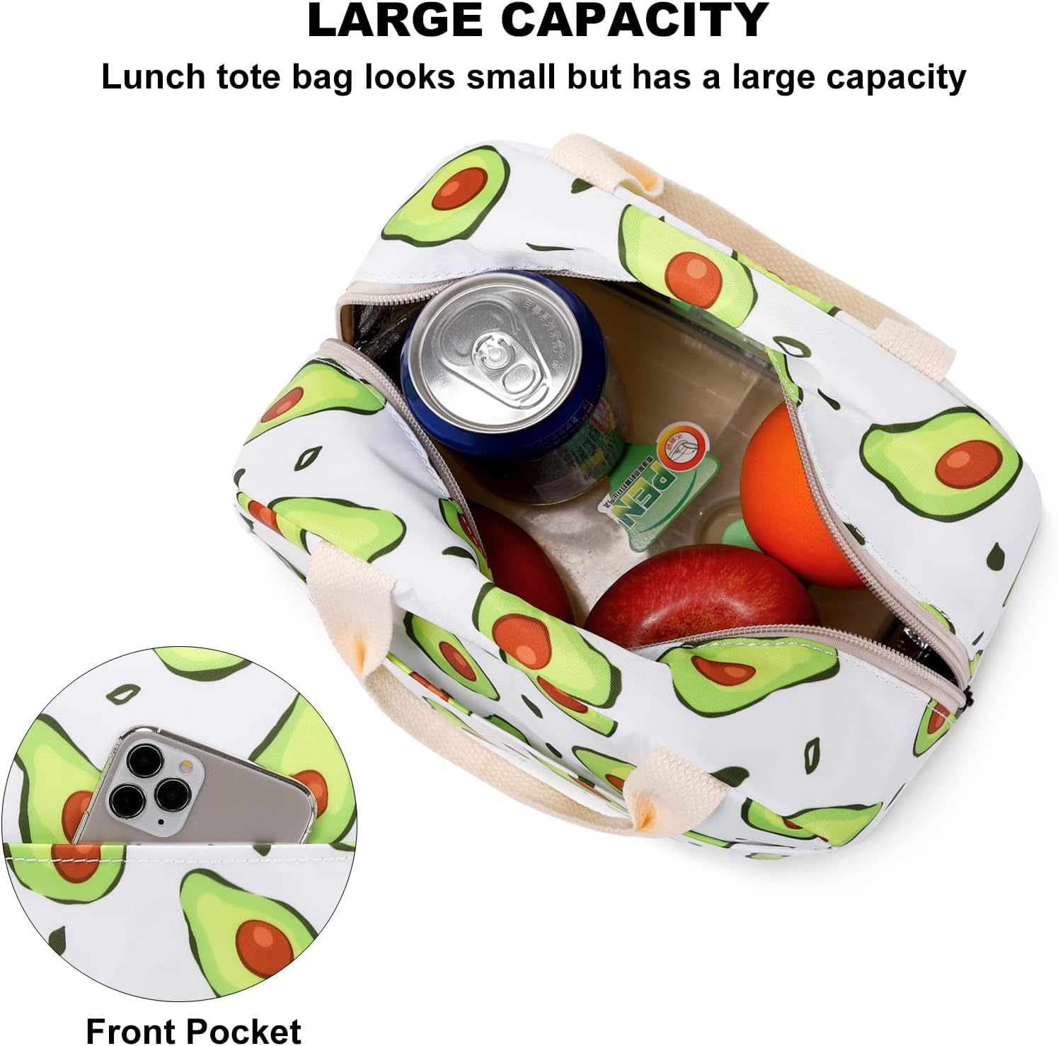 Lonchera aislada con aguacate para mujeres, lonchera reutilizable para el trabajo, escuela, picnic, viajes