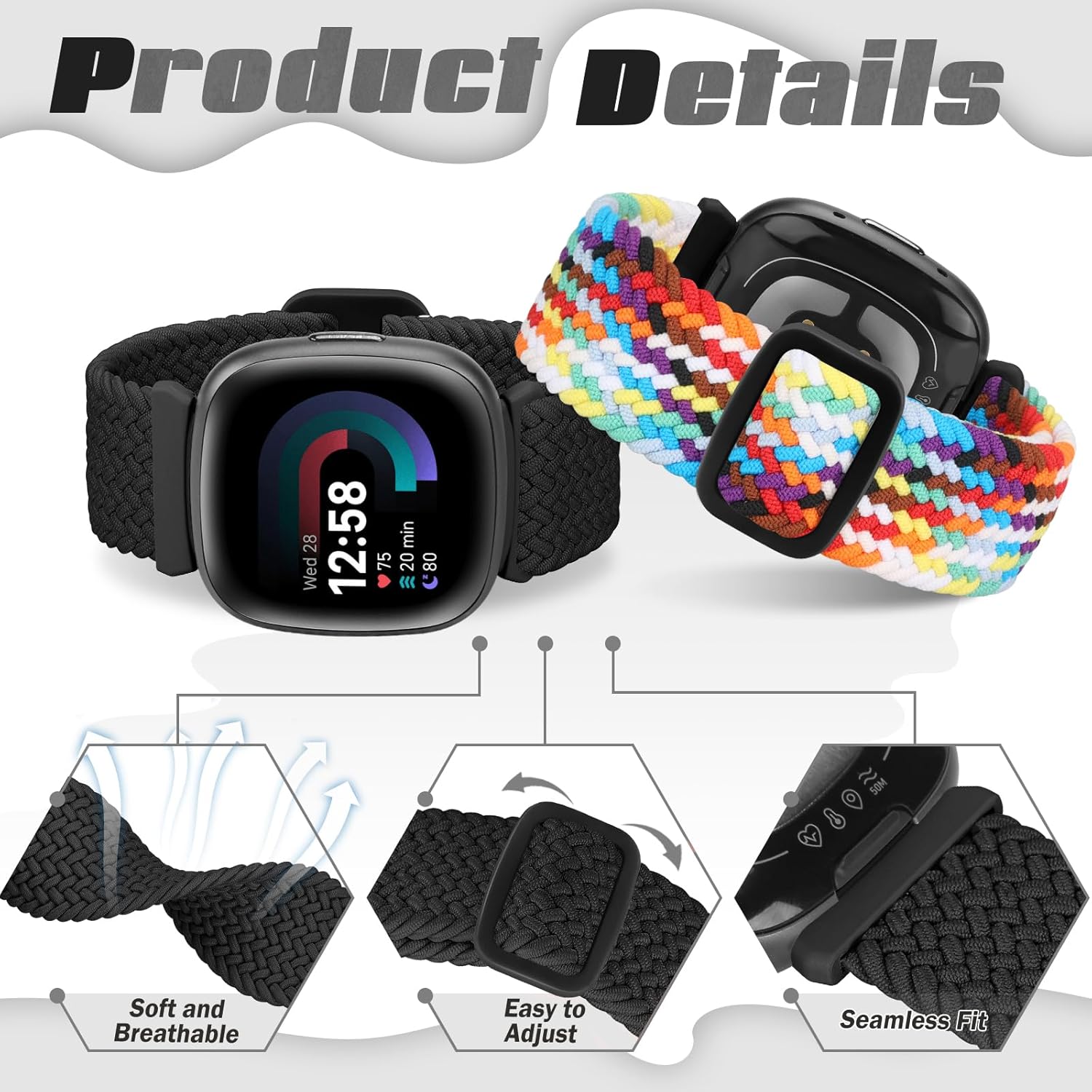 Correa elástica trenzada Solo Loop compatible con Fitbit Versa 4Fitbit Sense 2Fitbit Versa 3Fitbit Sense, correas elásticas de nailon deportivo para