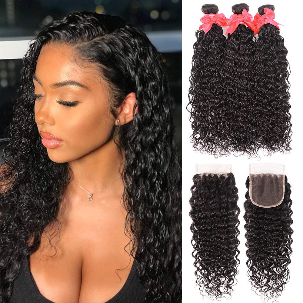 Miss GAGA – Cabello virgen peruano ondulado de grado 8A, 3 paquetes con cierre, pelo negro virgen natural no procesado, con cierre de encaje de 4 x