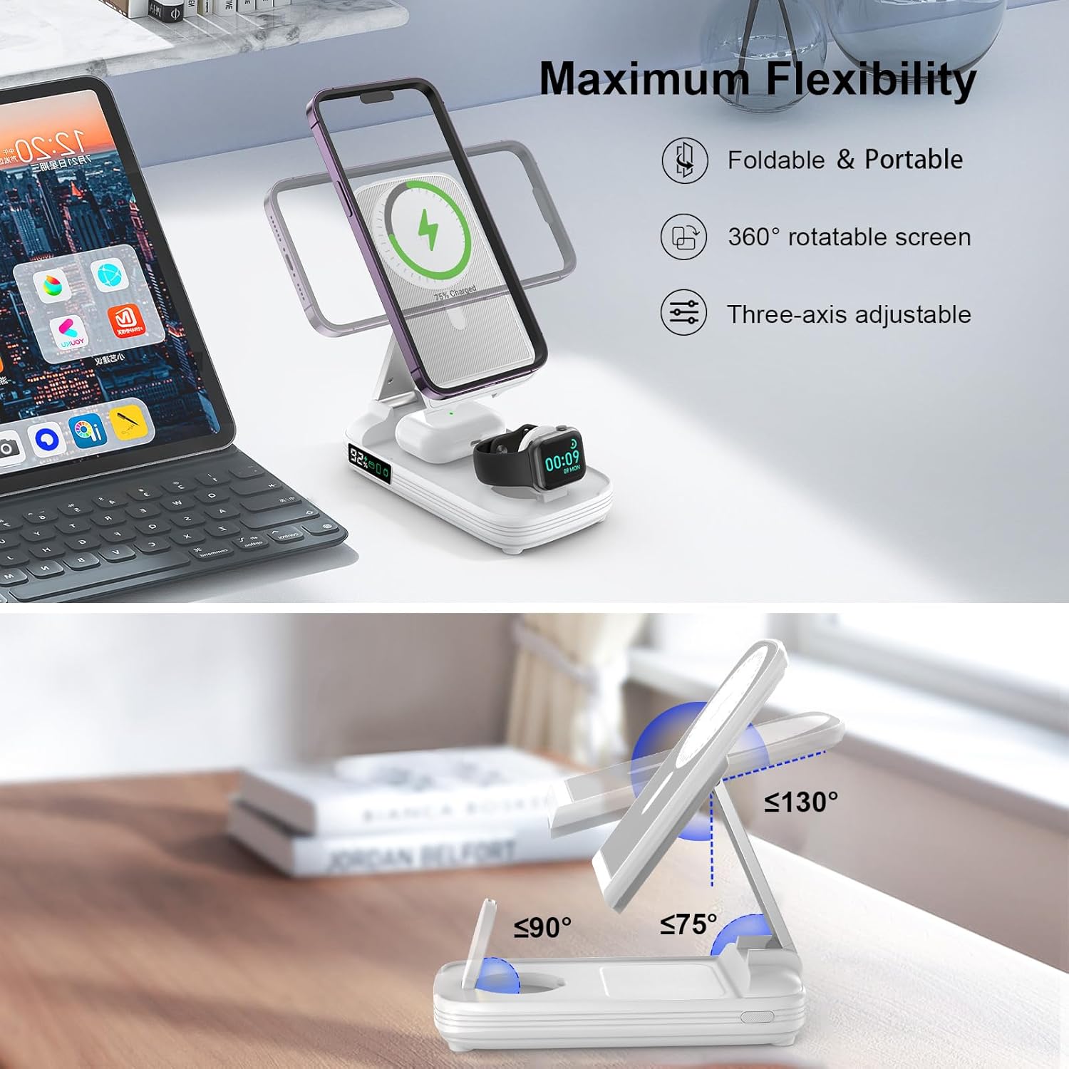 BezosMax – Estación de carga inalámbrica 5 en 1 con banco de energía de 10000 mAh, pantalla digital, magnética, automática de 20 W, estación de