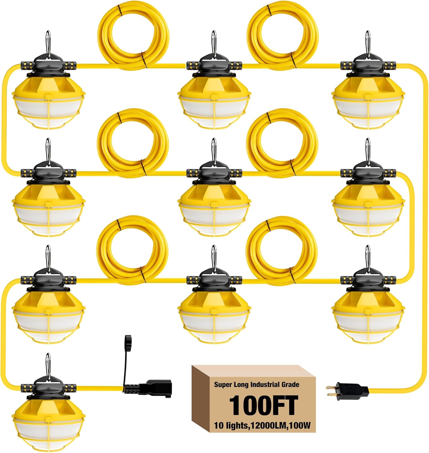 Cadena de luces de construcción de 100 pies con jaula protectora de 100 W, 12000 lúmenes, cadena de luces LED industriales, IP65, impermeable, súper