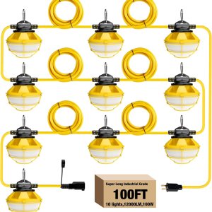 Cadena de luces de construcción de 100 pies con jaula protectora de 100 W, 12000 lúmenes, cadena de luces LED industriales, IP65, impermeable, súper Cadena de luces de construcción de 100 pies con jaula protectora de 100 W, 12000 lúmenes, cadena de luces LED industriales, IP65, impermeable, súper
