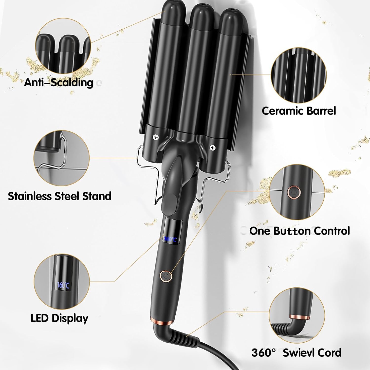 Engarzador de cabello de 1 pulgada, rizador de 3 barriles de playa, plegable, 0.984 in, 3 barriles, 4 ajustes de temperatura ajustables, se calienta