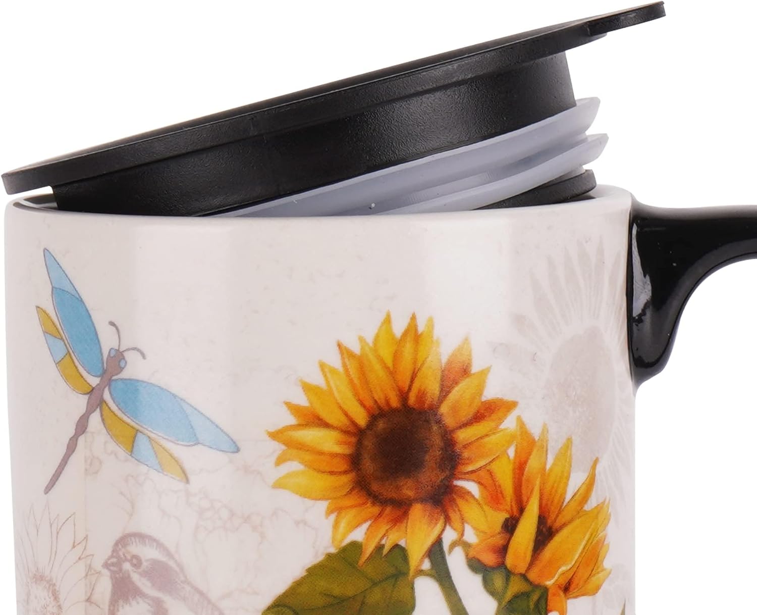 DUSVALLY Taza de café de cerámica con tapa, taza de té de latte de porcelana con asa 16.9 fl oz17 oz, girasol, regalos para mamá