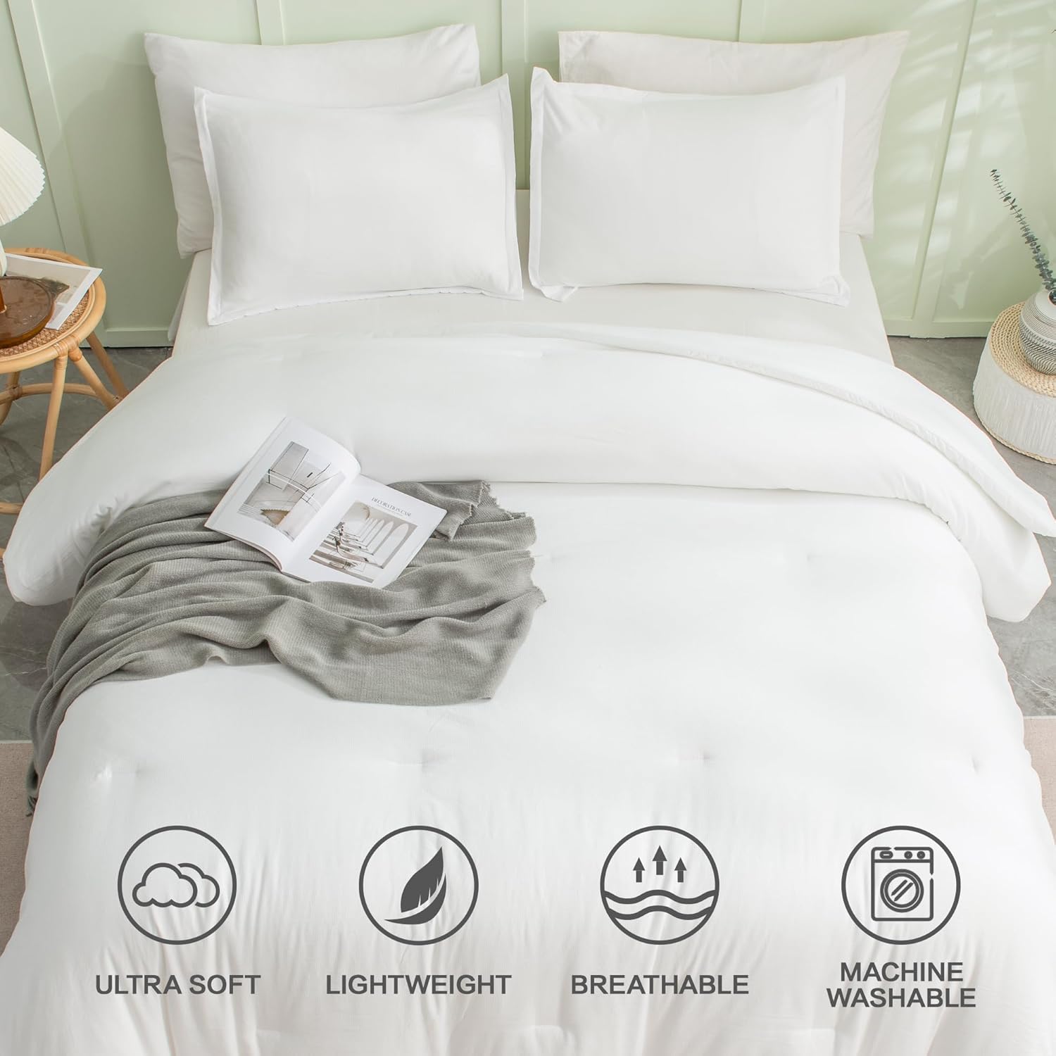 Andency Juego de edredón blanco tamaño matrimonial, juego de edredón bohemio para cama de tamaño matrimonial, juego de ropa de cama de 3 piezas