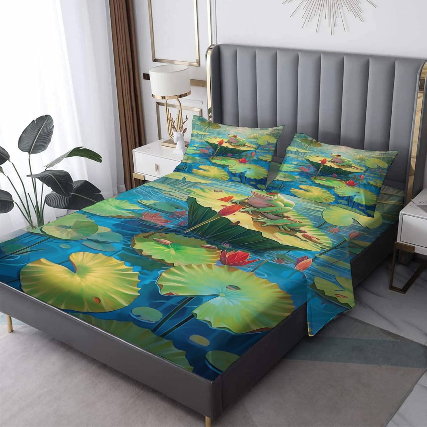 Frog Sheets California King – Juego de sábanas de anfibios de dibujos animados, microfibra suave, bolsillo profundo, sábanas y fundas de almohada