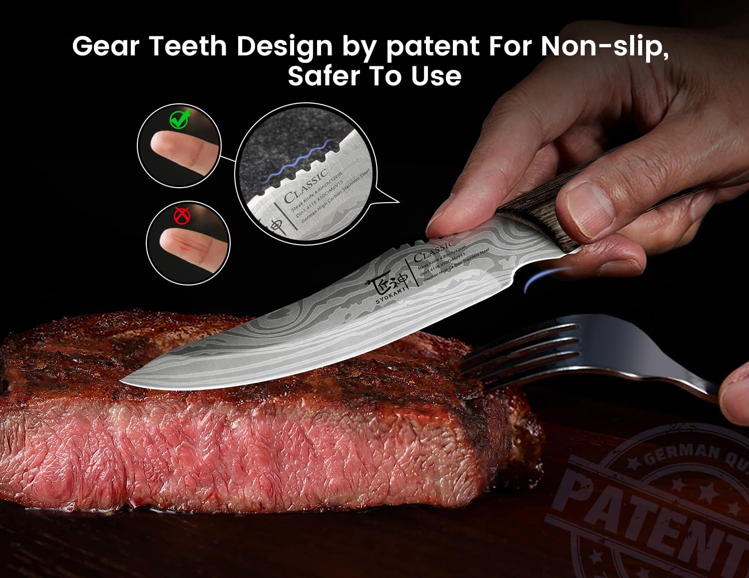 SYOKAMI Juego de 8 cuchillos para carne, de acero inoxidable japonés de alto carbono, sin dentar, con mango de madera, diseño de damasco con espiga