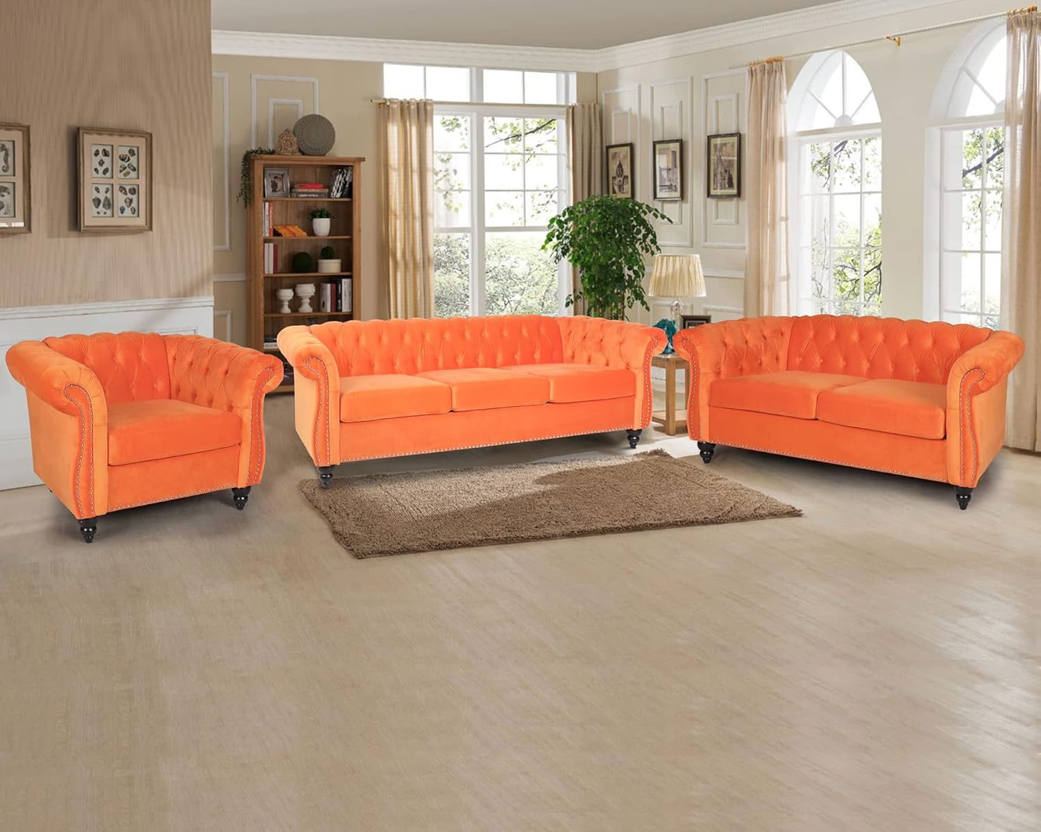 RARZOE Moderno juego de sofá de 2 piezas, naranja, espuma, sofá biplaza y sofá Chesterfield