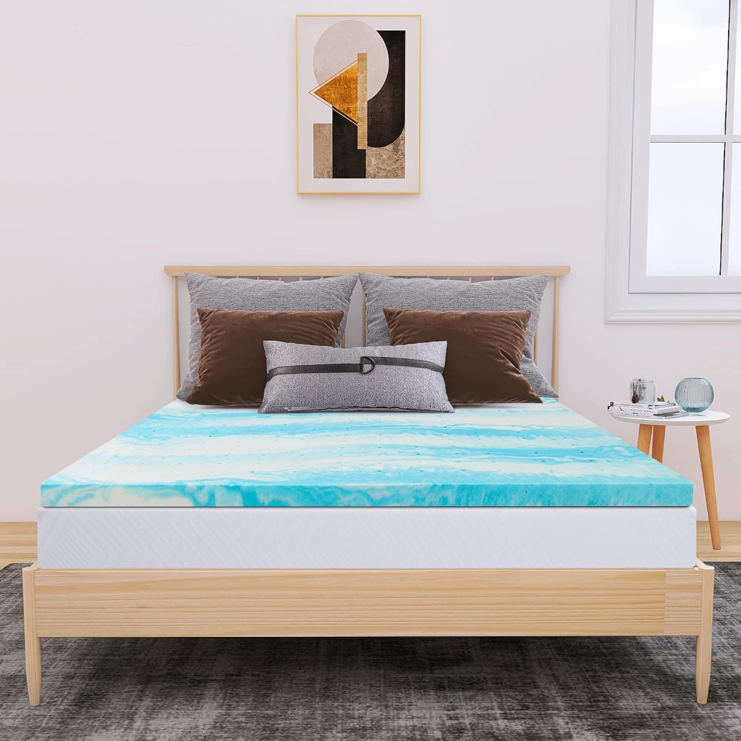 Cubrecolchón de espuma viscoelástica de gel refrescante de 2 pulgadas, tamaño Queen, alivio de presión, cama en una caja, certificado CertiPUR-US