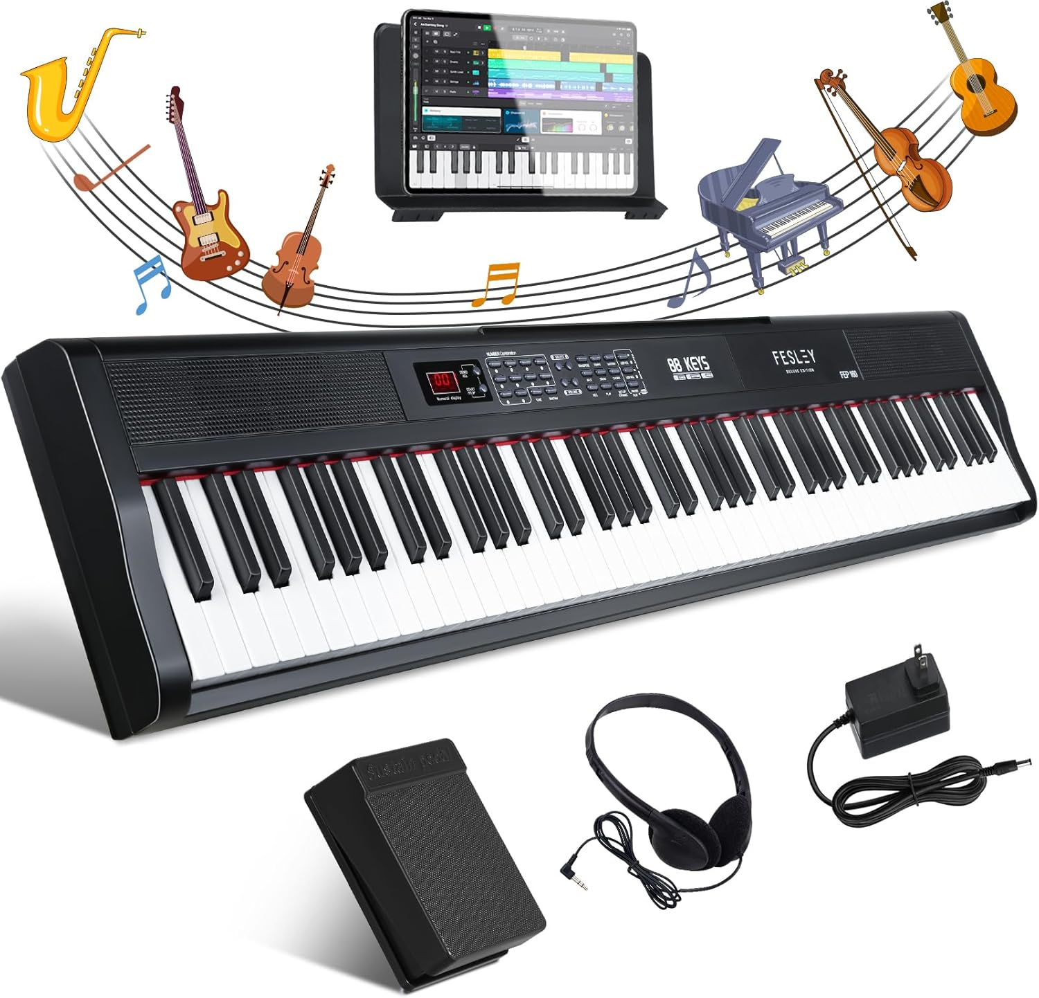 Fesley Teclado de piano de 88 teclas, teclado digital de tamaño completo, piano eléctrico portátil, teclado de 88 teclas con soporte de música,