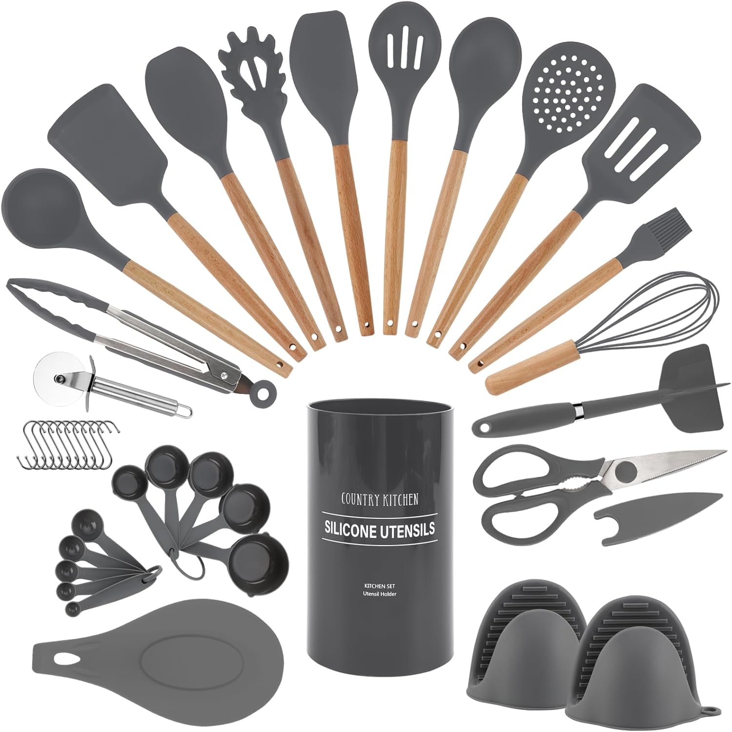 Country Kitchen Juego de utensilios de cocina  Juego de 38 espátulas de silicona antiadherentes con soporte, asas de madera y utensilios resistentes
