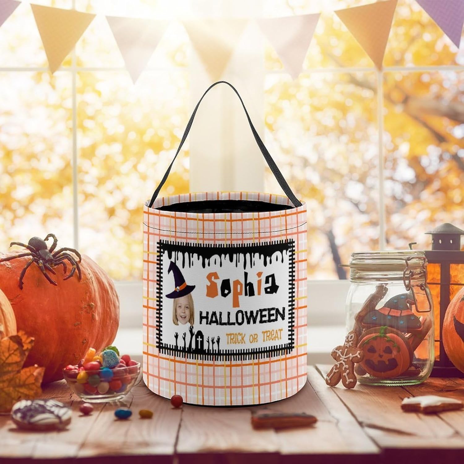Artsadd Canasta de dulces de Halloween personalizada con foto con nombre, bolsa personalizada para pedir dulces o truco, cubo para dulces para