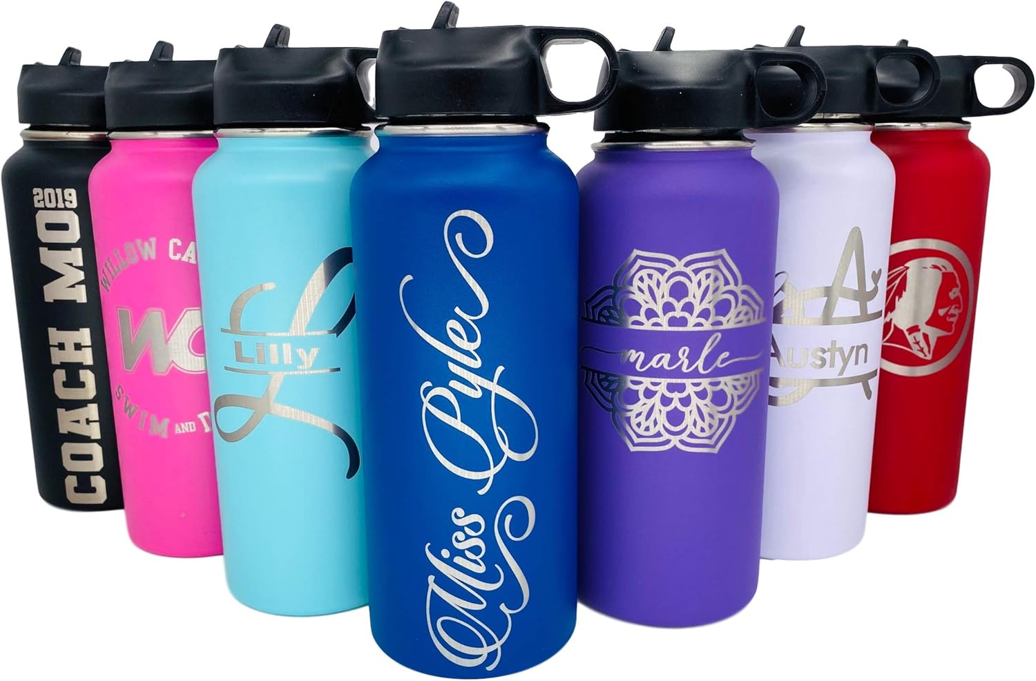 Hydro Water Bottle 32oz Flask Wide Mouth, Straw Lid AND Thermos Lid Custom Laser Engraved (Pink FrontBack Engraved)