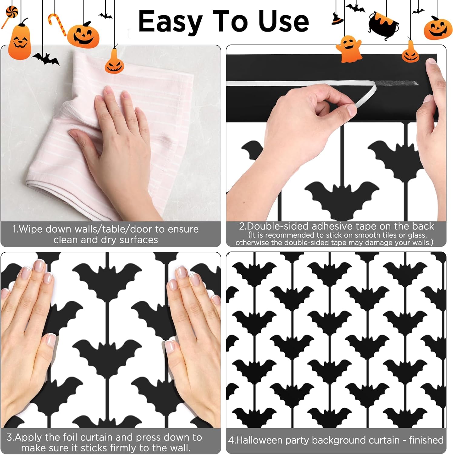 GAGAKU Decoración de pared de murciélagos de Halloween, 2 unidades de 3.3 x 6.6 pies, cortinas de flecos de oropel de murciélagos espeluznantes