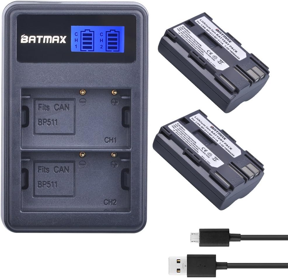 Batmax Paquete de 2 baterías BP-511A BP-511 BP 511 511A + cargador USB dual LCD para Canon EOS 5D, 10D, 20D, 30D, 40D, 50D, Digital Rebel 1D, D60,