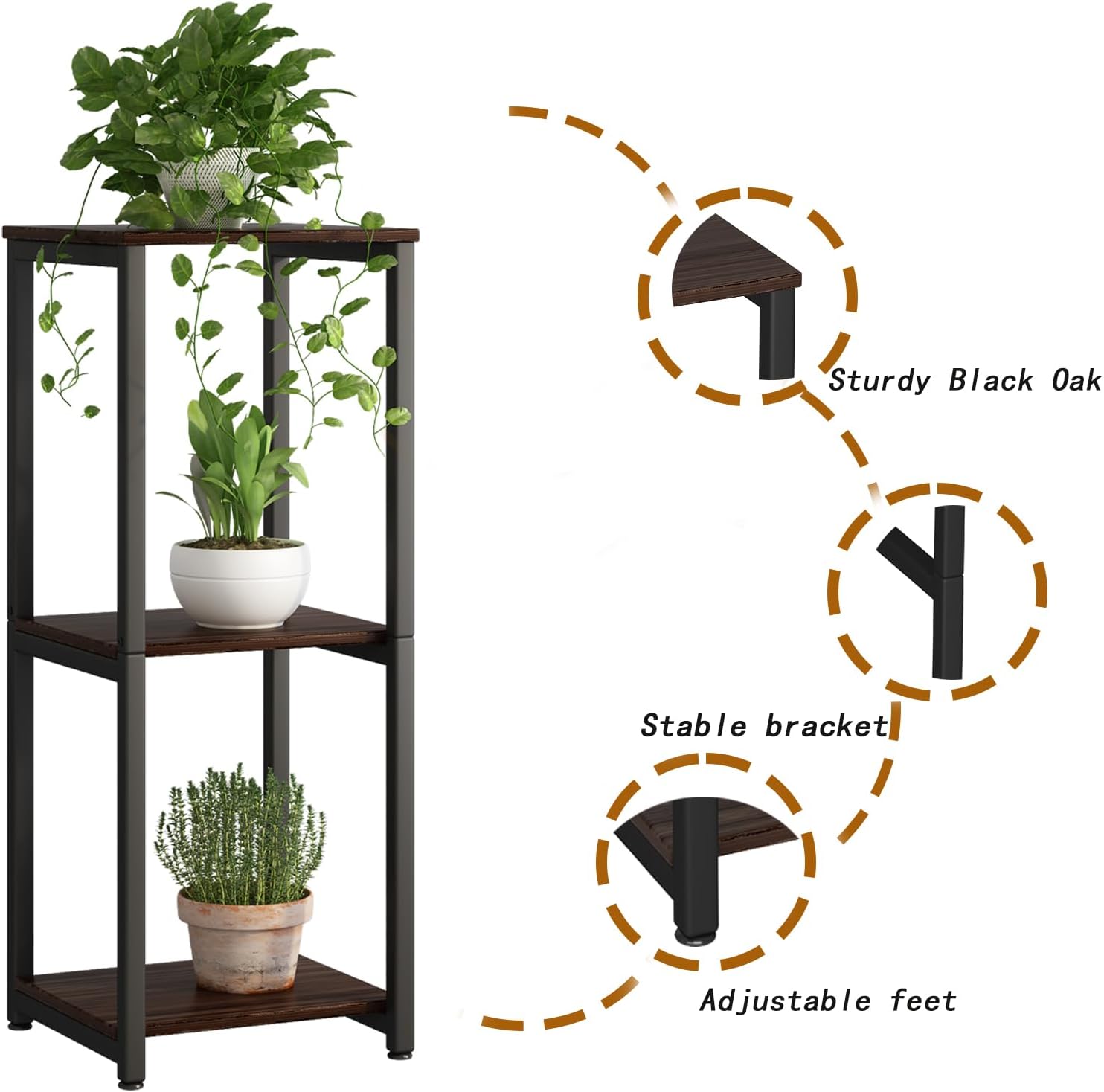 Soporte para plantas de interior de 3 niveles de alto, de metal, para almacenamiento de plantas, múltiples para sala de estar, balcón, jardín, roble