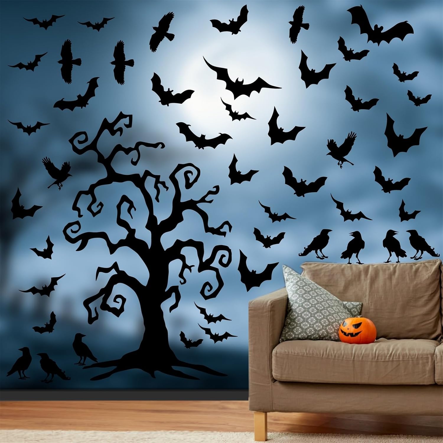 Calcomanías gigantes de Halloween para ventana, calcomanías de murciélagos para ventana de árbol de Halloween, calcomanías de decoración de pared de