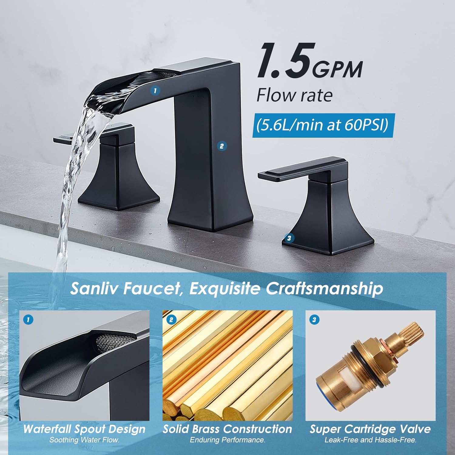 Grifo de baño de 3 agujeros, grifos de baño en cascada para fregadero central de 8 pulgadas o 4 pulgadas, grifo de tocador de dos manijas con