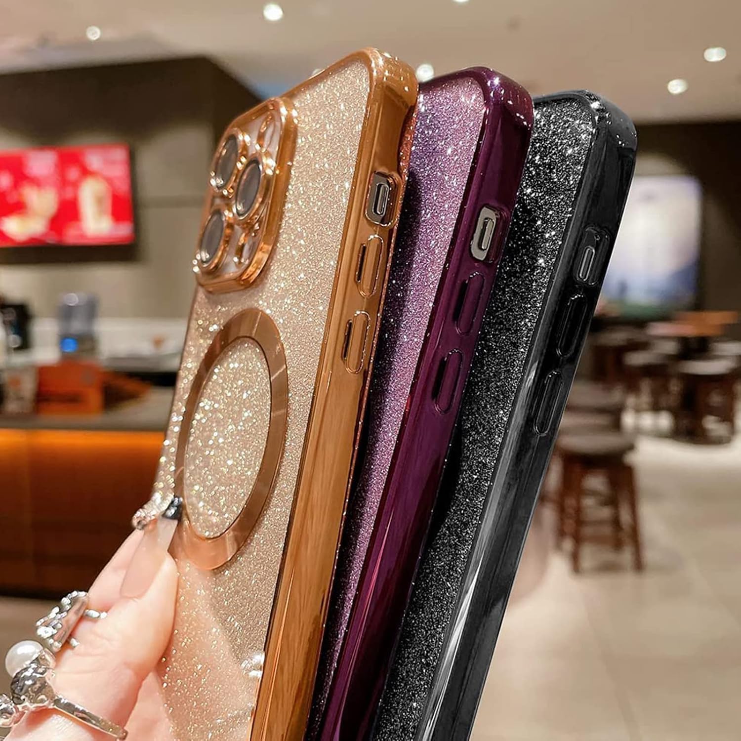 aowner Funda magnética para iPhone 11 con purpurina, chapado de lujo, bonito brillante con protector de lente de cámara, compatible con MagSafe,