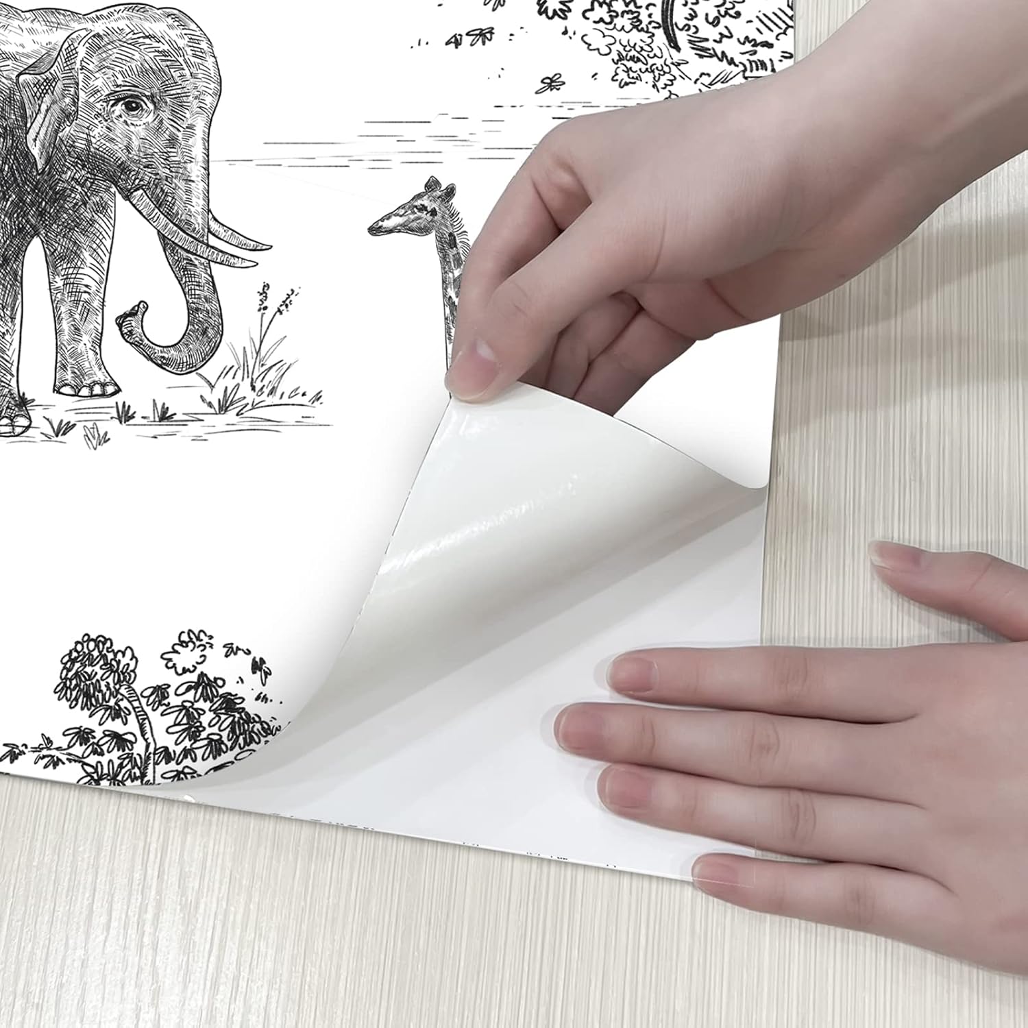 Papel tapiz autoadhesivo con diseño de jirafa y elefante, color negroblanco, para habitación de los niños, papel tapiz de animales del bosque, papel