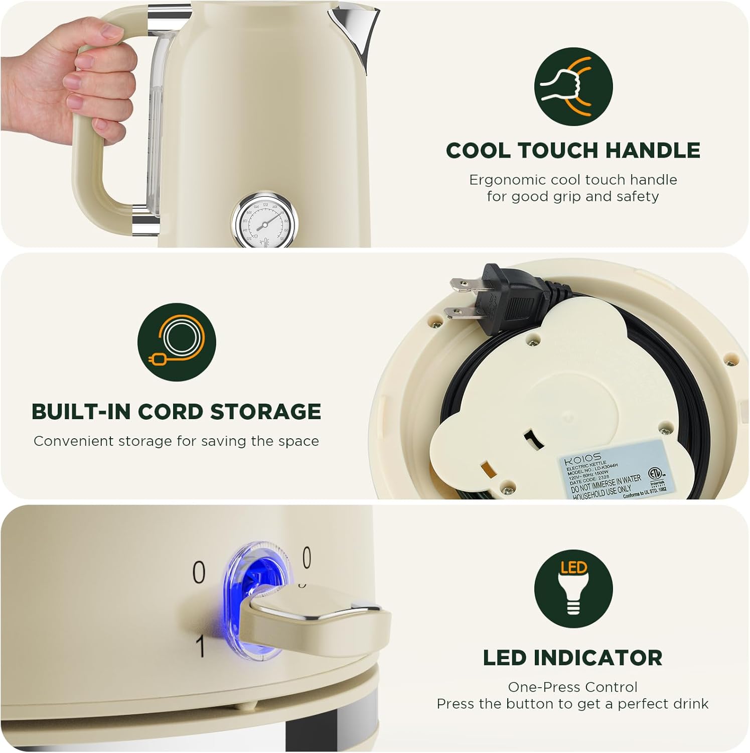 KOIOS – Hervidor de té eléctrico con termómetro, caldera de agua rápida de acero inoxidable sin BPA de 1.7L 1500 W con indicador LED, olla de té