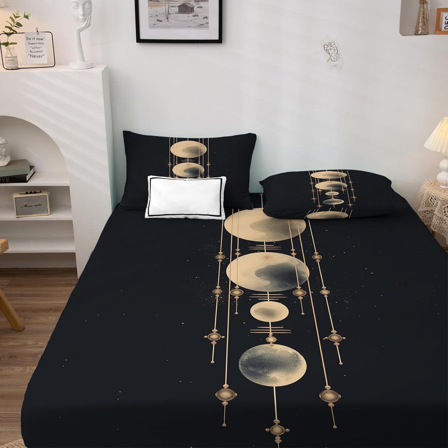 Juego de sábanas de luna tamaño Queen, sábanas de planeta, sábanas y fundas de almohada estampadas de 4 piezas, sábana bajera ajustable de