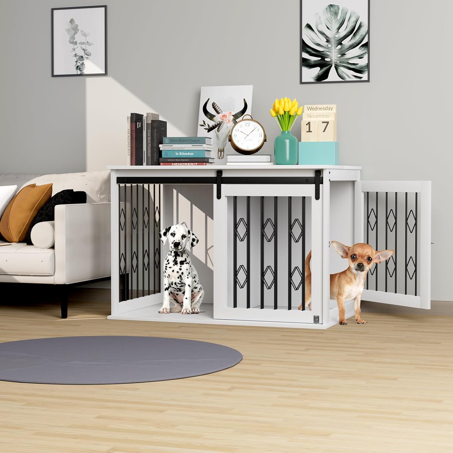 Arlopu Mueble de jaula para perros con puerta corrediza de granero, mesa auxiliar de madera de 39.4 pulgadas, con apertura superior, divisor