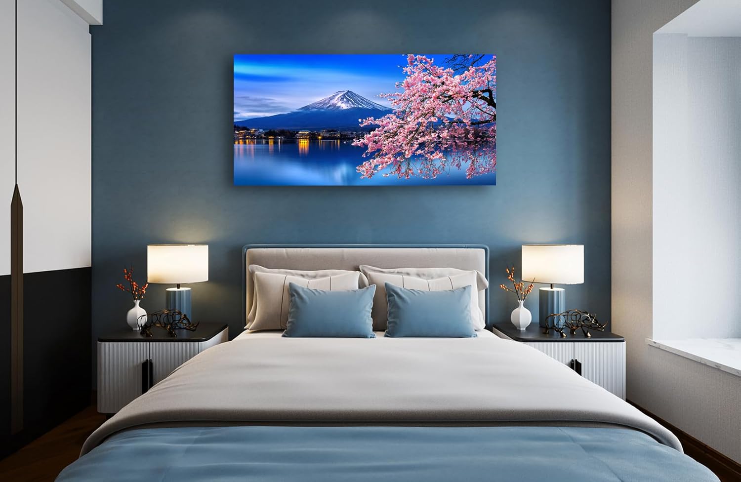 Aibonnly Lienzo decorativo para pared, diseño de cerezos en flor de monte Fuji, 1 pieza, póster enmarcado y estirado listo para colgar para sala de