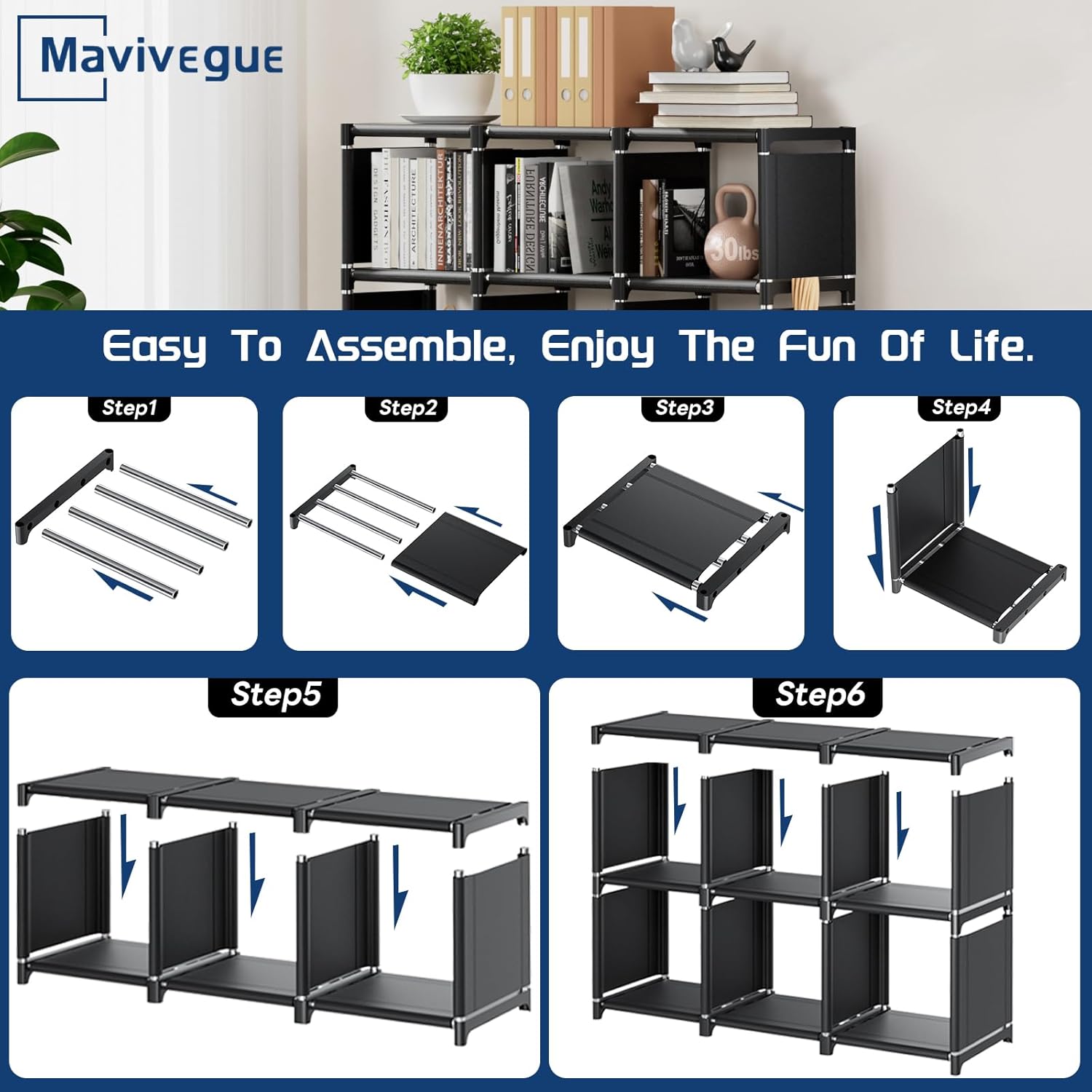 Mavivegue Estante para libros, organizador de almacenamiento de 6 cubos, estantería de bricolaje, estantería de cubo de metal, estuche alto para