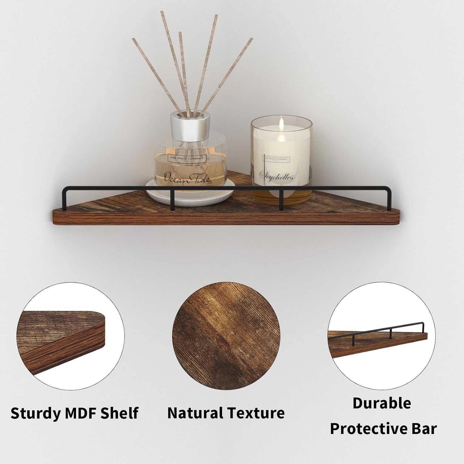 Trwcrt Juego de 3 estantes de esquina flotantes para montaje en pared, estantes de almacenamiento de pared de madera rústica para dormitorio, sala