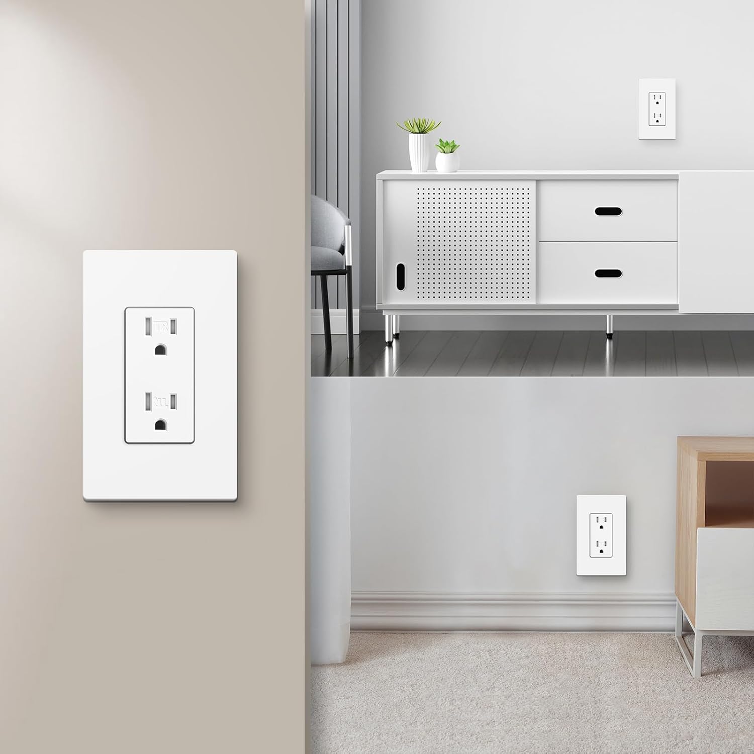 Tomacorriente eléctrica dúplex de grado residencial estándar 15A, resistente a manipulaciones, 2 polos y 3 cables, autoconexión a tierra, a prueba