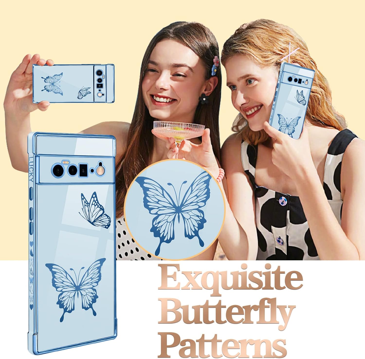 Coralogo Funda para Google Pixel 6 Pro 5G Butterfly para mujeres y niñas, bonitas fundas para teléfono, bonitas mariposas chapadas en azul, diseño