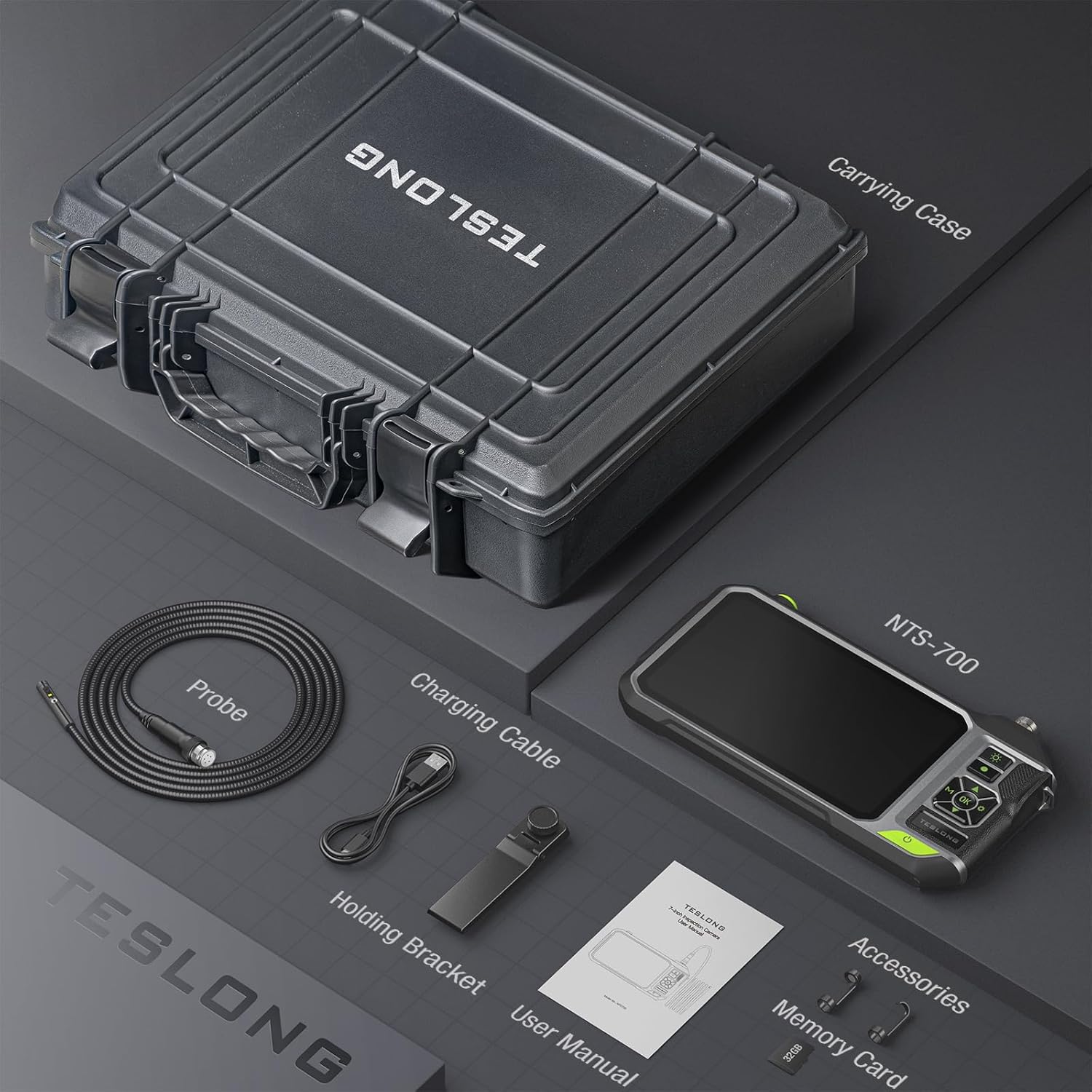 Boroscopio de triple lente con pantalla IPS de 7 pulgadas, cámara de inspección industrial Teslong 1080P HD con luz, herramienta de alcance mecánico