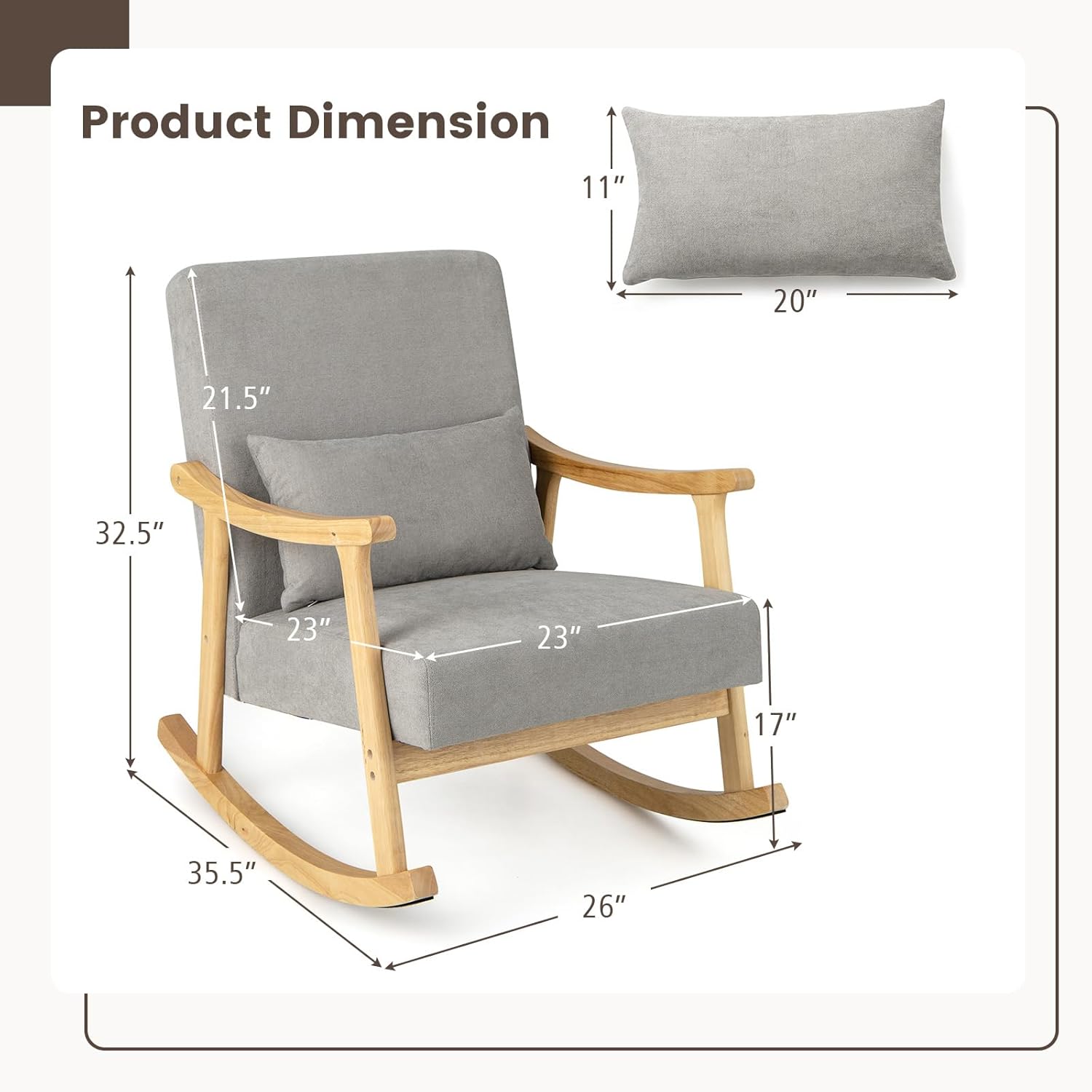 Giantex Mecedora para guardería, silla de interior con reposabrazos de madera de goma, respaldo ancho y cojín de asiento acolchado, almohada lumbar