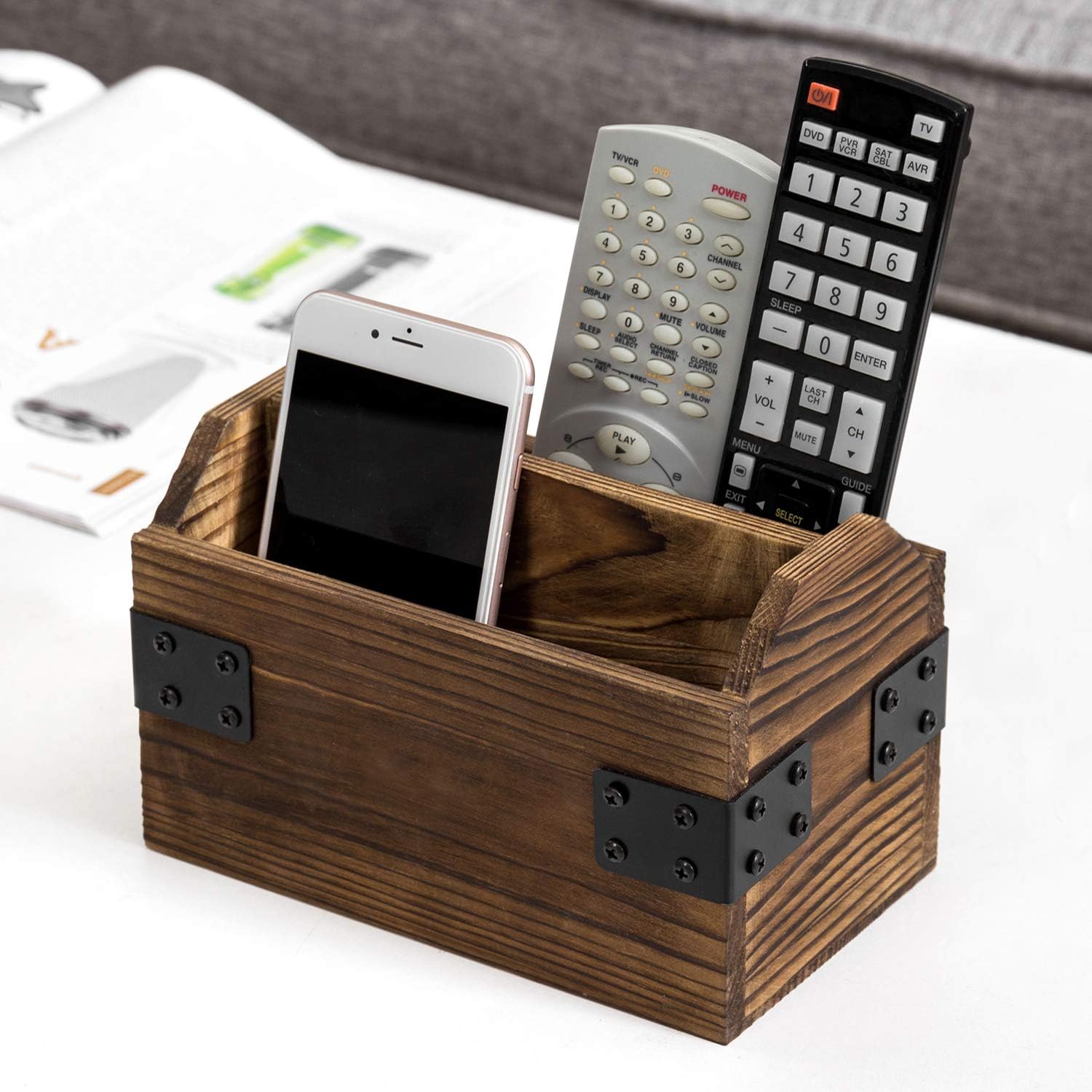 MyGift Organizador rústico de madera quemada para TV, organizador de almacenamiento para mesa con 2 compartimentos y detalles decorativos de metal