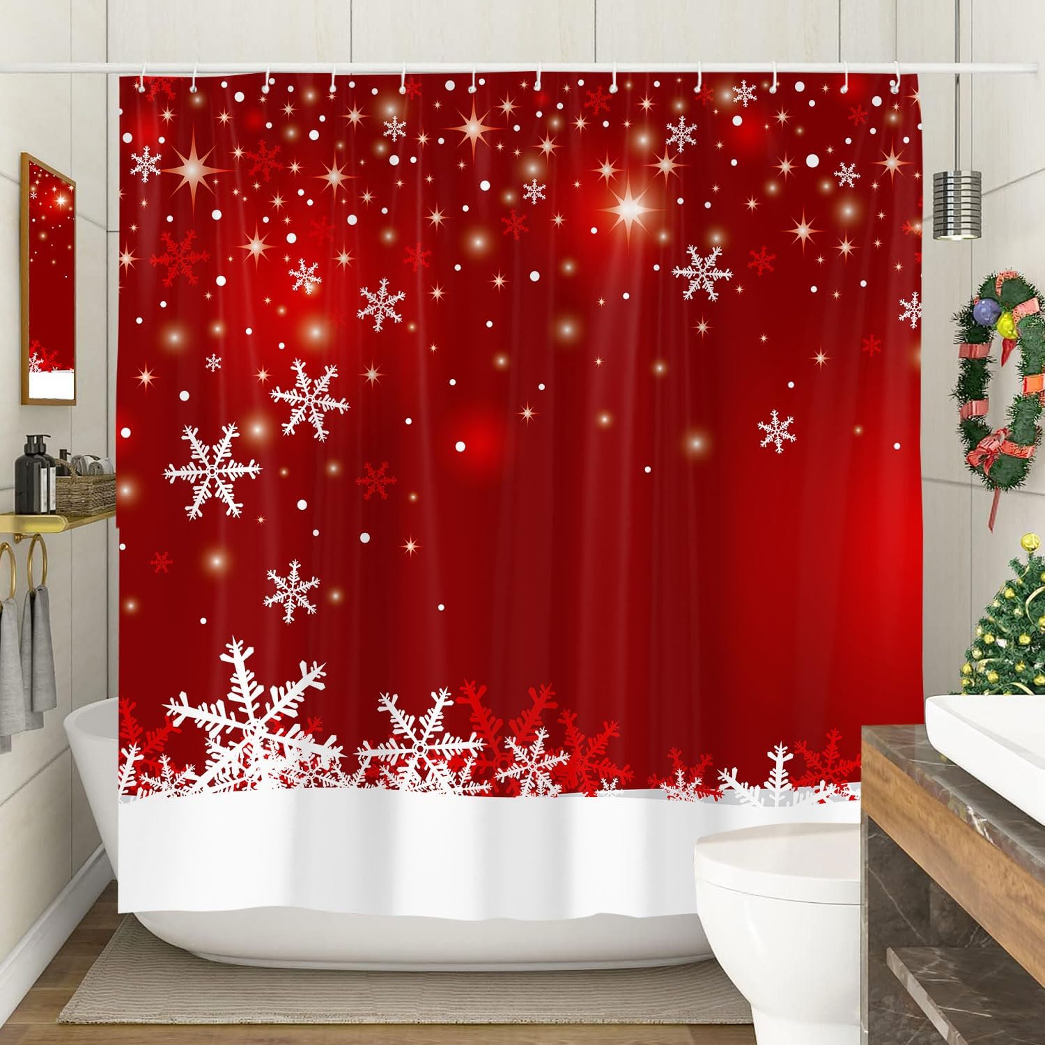 Emwnodti Cortinas de ducha de copos de nieve, color rojo, invierno, nieve, festival, vacaciones, año nuevo, cortina de baño, tela de poliéster,