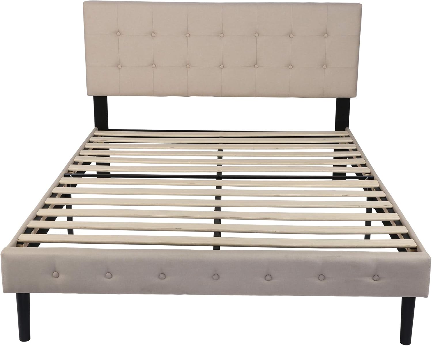Base de cama tapizada de 14 pulgadas con cabecera de colchón, soporte de listones de madera, no necesita somier, color beige (tamaño matrimonial)
