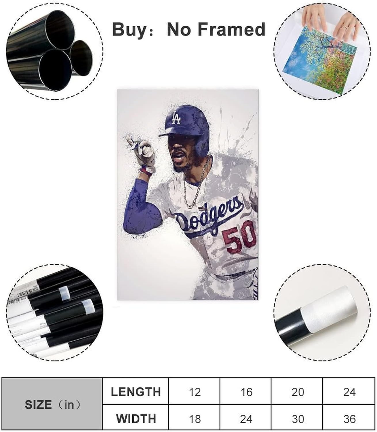 TUBALU Mookie Betts – Póster de béisbol, arte de pared, pintura impresa para sala de estar, dormitorio, sin marco 12 x 18 pulgadas (11.8 x 17.7 in)