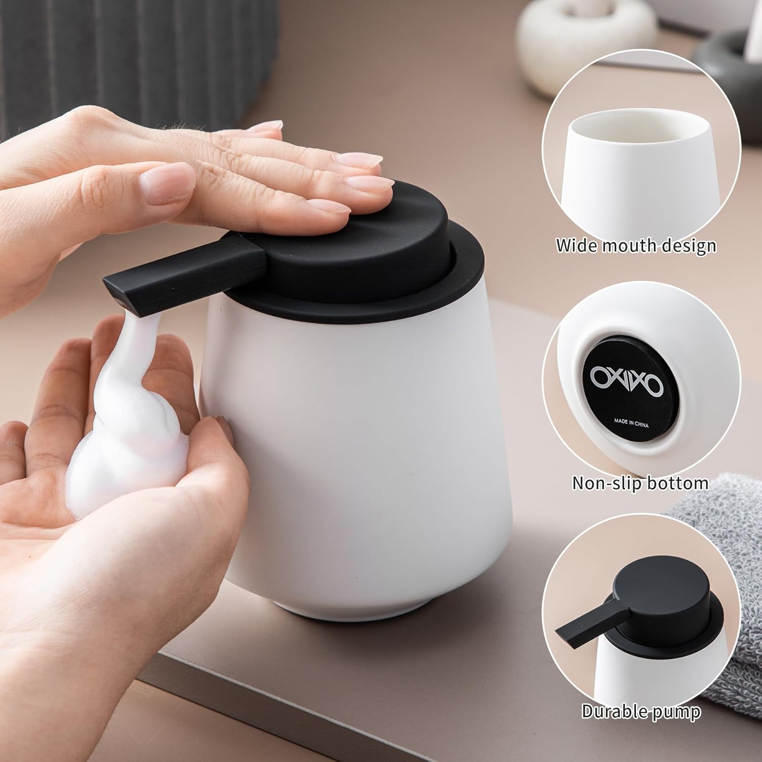 Dispensador de jabón espumoso, dispensador de jabón de manos de cerámica de 12 oz11.8 fl oz para baño, dispensador de jabón líquido pequeño blanco