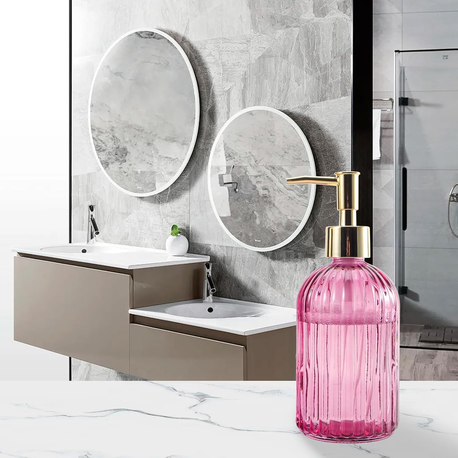 Dispensador de jabón de manos líquido recargable de 12 onzas, para baño, cocina, jabón para platos, loción, dispensador de jabón a rayas (rosa 2