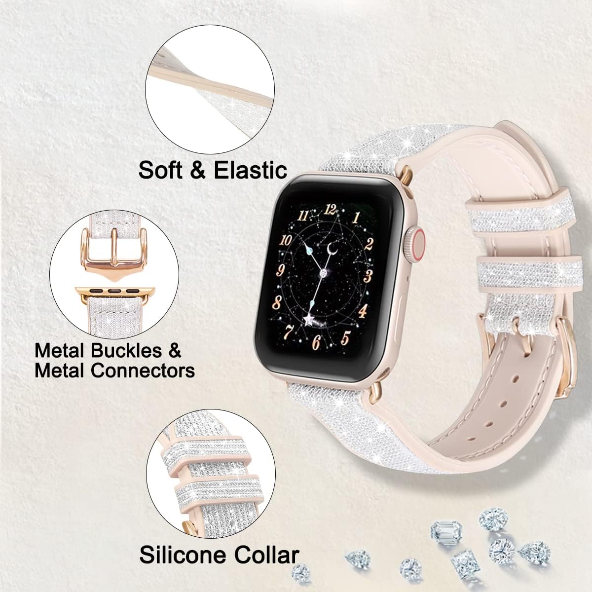 Correas delgadas con purpurina compatibles con Apple Watch Band iWatch Series 8 SE2 7 6 SE 5 4 3 2 1 1.772 in 1.614 in 1.496 in 1.575 in 1.654 in